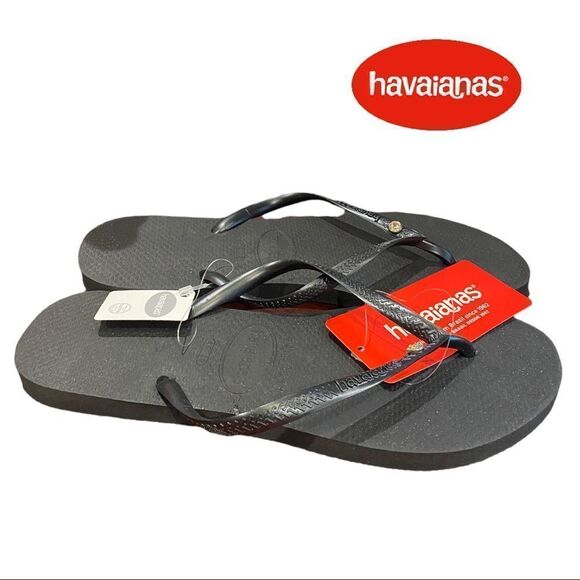 NEW Havaianas Slim Black Diamond Crystal Charm Flip Flops 6 11/12 - Picture 1 of 5